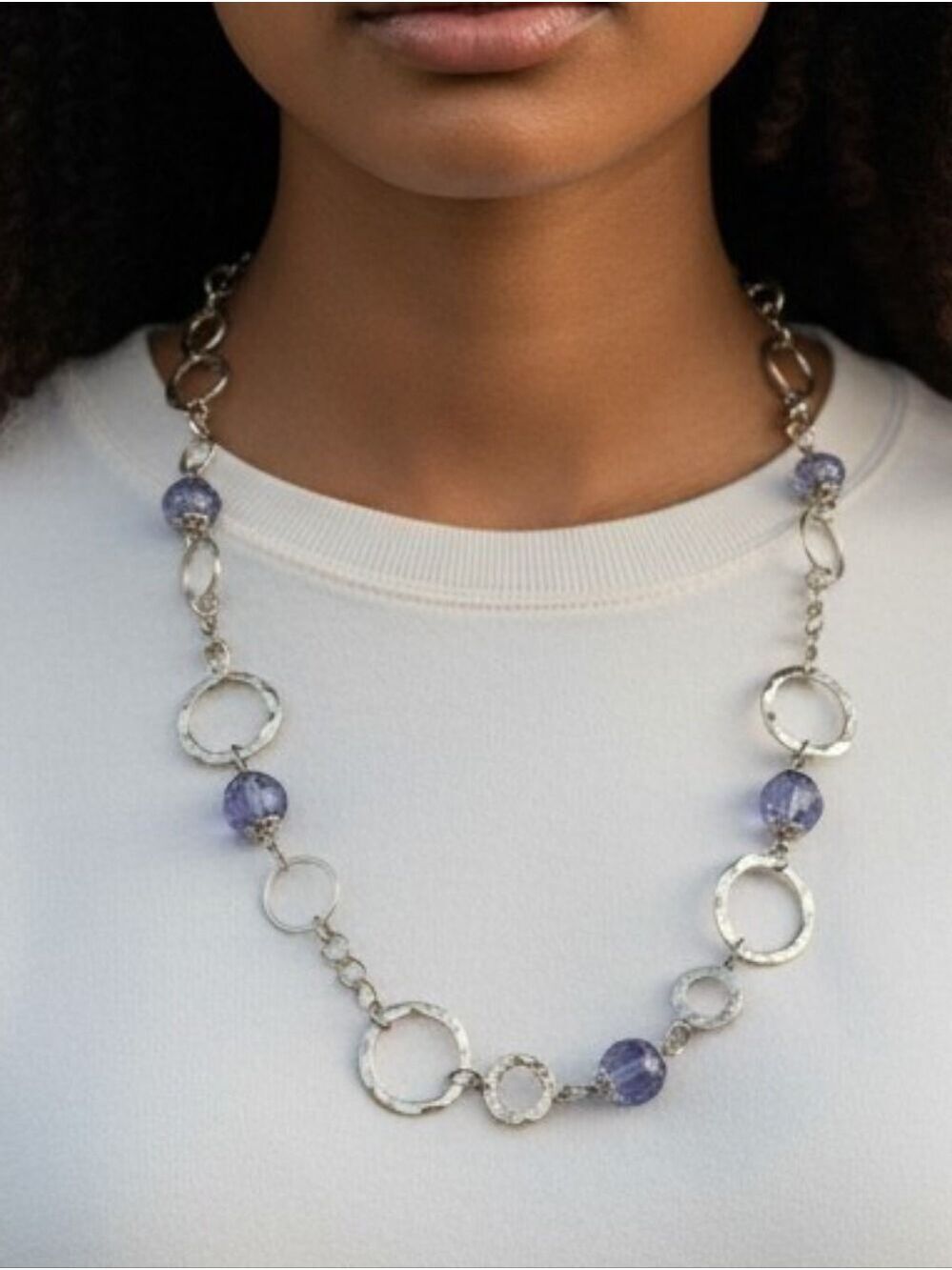 Anne Klein Goldtone Hammered Circle Link Necklace Periwinkle Blue Beads